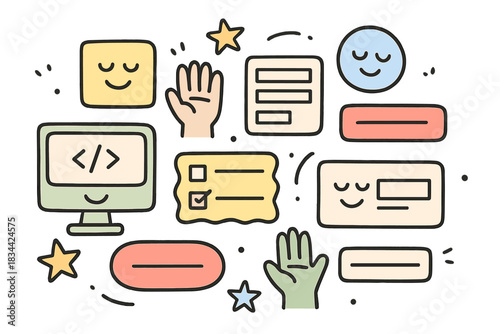 Accessible Design Workshop. Delightful doodle of accessible design workshop with cheerful code snippets, buttons, and forms