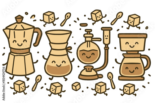 Cute Coffee Tools. Adorable doodle composition of coffee-making tools like moka pot, Chemex, siphon, and drip brewer with happy