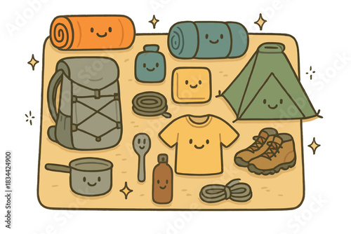 Ultralight Gear Layout. A neatly packed ultralight gear layout on a mat, each item smiling in its place with doodle labels and
