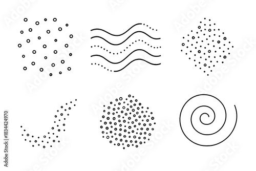 Abstract Particle Patterns. Line vector icons of murmured speck mixtures: soft floating dots, muted particle waves, gentle speck