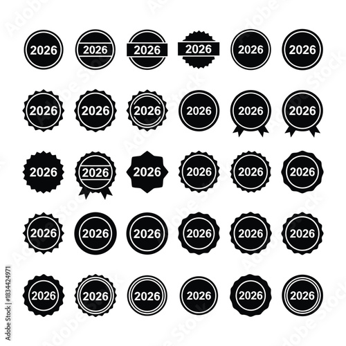 Collection of black and white round badges with various text isolated on