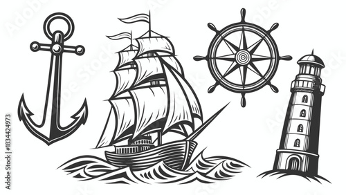 Vector illustration vintage nautical illustration set featuring an anchor, sailing ship, ship wheel, and lighthouse