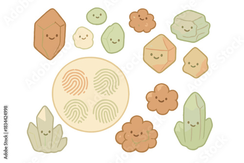 Playful Mineral Chart. A playful geologic chart showing mineral fingerprints, tiny smiling mineral icons hovering, soft rounded