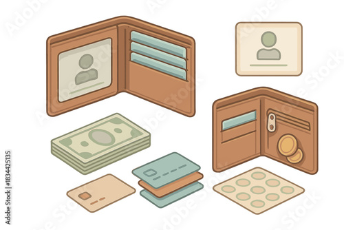 Wallet Organization Guide. Isometric vector illustration set Personal wallet item organization guide: folded leather wallet open
