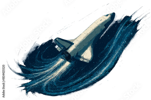 Celestial Shuttle Journey. a shuttle gliding through starry threads leaving trails of cosmic light, sapphire and cream palette, No