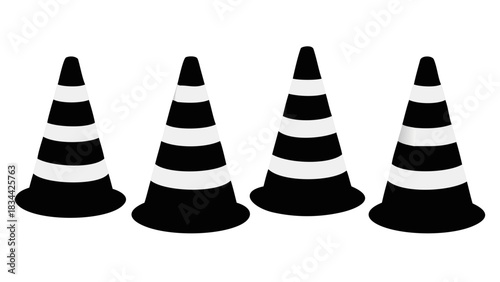 Traffic Cones A Set of Black and White Warning Cones for Road Safety and Construction