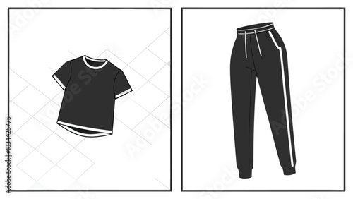 Vector illustration black short sleeve tshirt and athletic jogger pants with white stripe detail