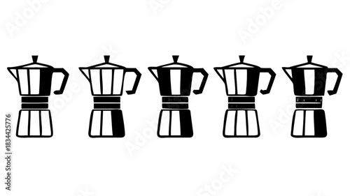 A simple vector graphic set featuring five identical moka pot icons arranged in a row. Black and white illustration of classic stovetop coffee makers
