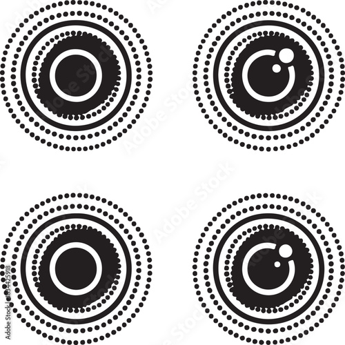 Isolated camera lens icon set, four dot style lens silhouette, minimal dotted photo symbol, equal dot spacing, modern simple black vector design for buyers