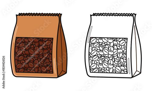 Coffee beans packaging in colored and line art style