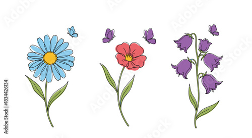 Beautiful set of wildflowers including a daisy, poppy, and bluebells with fluttering butterflies, rendered in a delicate watercolor line art style.
