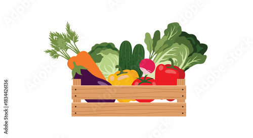 Wooden crate overflowing with a vibrant assortment of fresh, healthy vegetables like carrots, bell peppers, and lettuce on a white background.