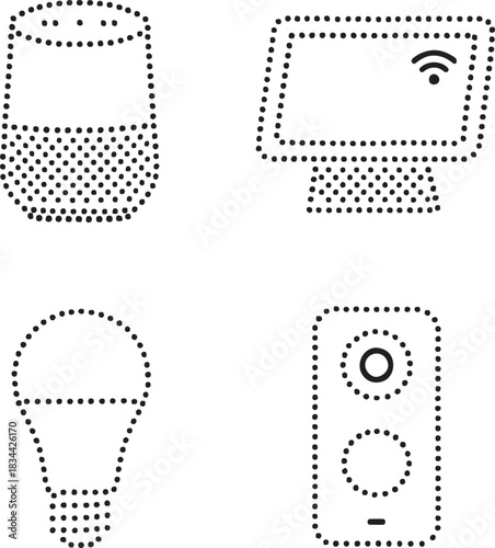 Isolated smart home device icon set, four dot style home silhouette, minimal dotted automation symbol, equal dot spacing, modern simple black vector design for buyers