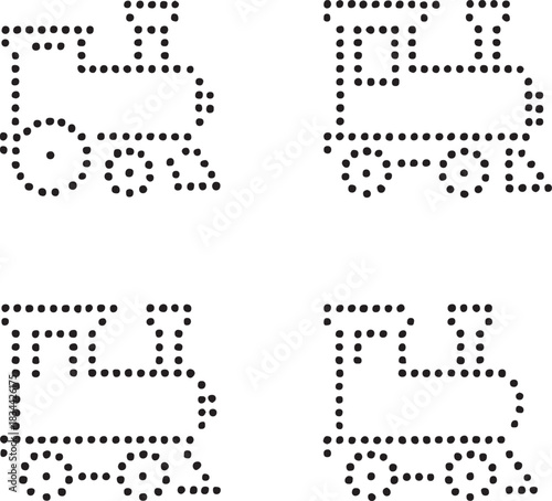 Isolated traditional railway train icon set, four dot style train silhouette, minimal dotted transport symbol, equal dot spacing, modern simple black vector design for buyers