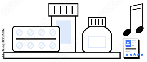 Pharmacy items including pill blister pack, medicine bottles along with music notes and online profile review. Ideal for healthcare, e-commerce, online reviews, pharmaceuticals, digital content