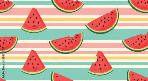 Vibrant seamless pattern of juicy watermelon slices, some with bites taken, on a colorful striped background for a fun summer vibe.