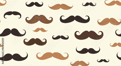 Funky and quirky seamless pattern featuring a variety of mustache styles and colors on a light background, perfect for Father's Day or Movember.