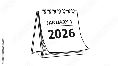 Desk calendar displaying january 1, 2026 new year date illustration icon isolated on white background, Vector