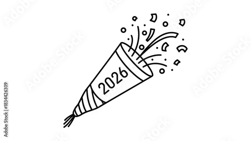 New year 2026 party popper illustration with exploding confetti and streamers isolated on white background, Vector