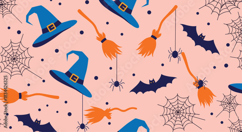 Spooky and fun seamless Halloween pattern featuring witch hats, brooms, bats, and spiders on a pale pink background for festive decorations.