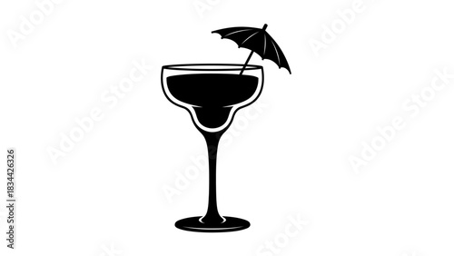 Classic margarita cocktail glass silhouette with decorative umbrella icon isolated on white background, Vector
