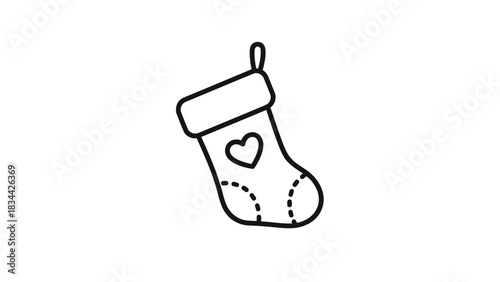 Christmas stocking outline icon with heart, festive holiday season symbol. isolated on white background, Vector
