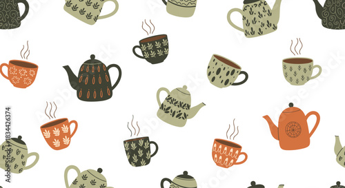 Cozy and charming seamless pattern of hand-drawn teapots and steaming teacups with various folk-art designs on a white background.