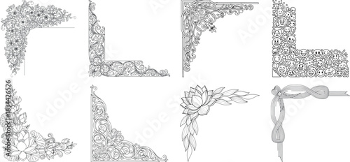 Set of decorative corner elements with floral and ornate designs isolated on transparent background