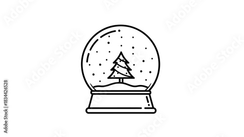 Minimalist line art snow globe with christmas tree and falling snow icon isolated on white background, Vector