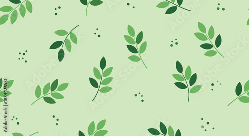 Minimalist and calming seamless pattern of simple green leafy branches and dots scattered on a light sage green background.
