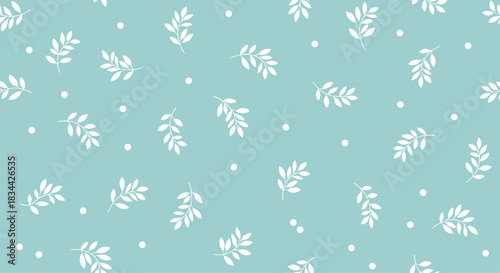 Elegant and serene seamless pattern of delicate white leafy branches and dots scattered across a soft dusty blue background.