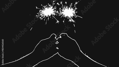 Bright sparklers held by silhouetted hands, celebrating a special occasion isolated on white background, Vector