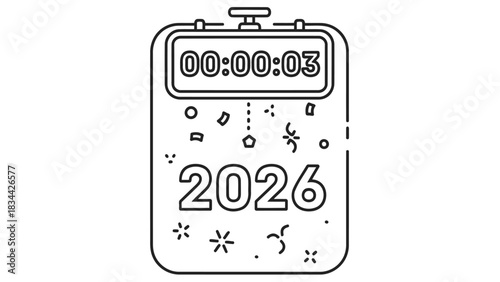 New year 2026 countdown with digital timer and confetti celebration line icon. isolated on white background, Vector