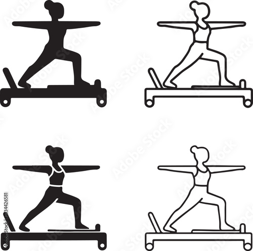 Isolated pilates reformer workout icon, female exercise pose silhouette, clean balanced training icon, smooth outline form, modern simple black vector design for buyers