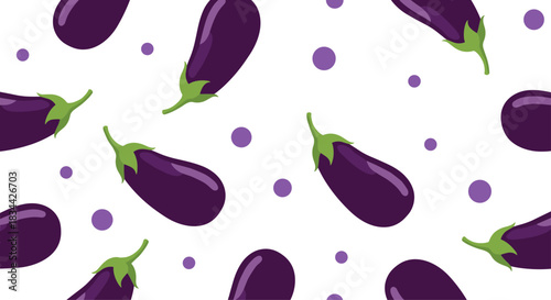 Simple and modern seamless pattern of purple eggplants and dots scattered across a clean white background for a fresh vegetable design.