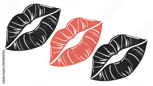 Vector illustration three stylized lipstick kiss marks in black and coral color