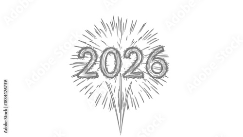 Stylized 2026 text with abstract fireworks burst, new year celebration concept isolated on white background, Vector