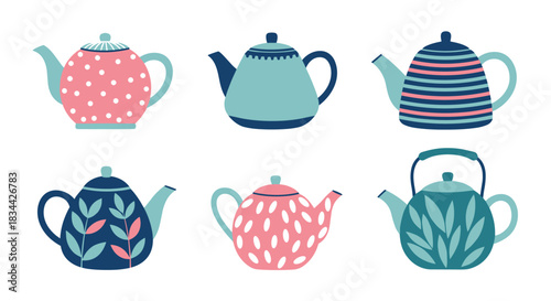 Charming set of six unique teapots featuring a variety of playful patterns and cozy colors, illustrated in a flat, modern style.