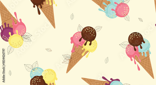 Sweet and summery seamless pattern of ice cream cones with multiple scoops, chocolate topping, and mint leaves on a pale background.