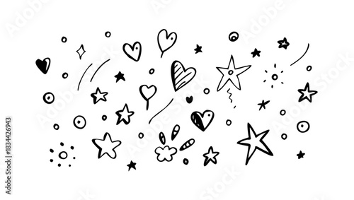 Playful assortment of hand-drawn doodle elements, featuring whimsical hearts, sparkling stars, and abstract dots, rendered in a simple black and white vector illustration style for creative designs