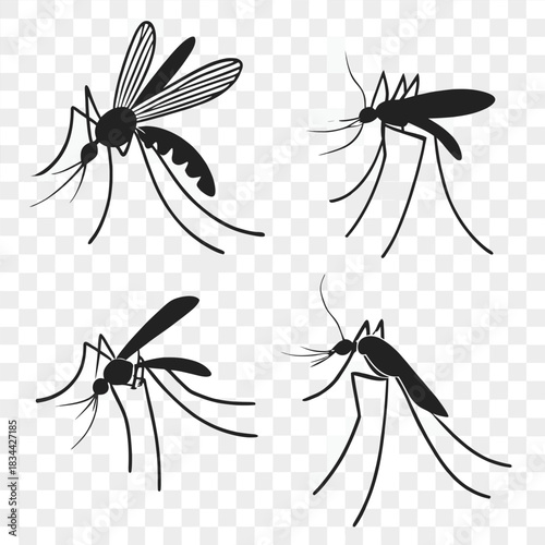 Vector illustration collection of four black silhouette illustrations of mosquitoes in various poses against a transparent background