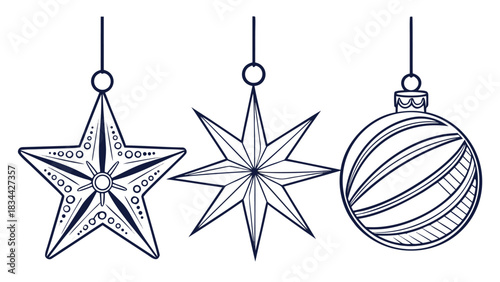 Vector illustration outline drawing of three hanging christmas ornaments including two star shapes and one round bauble