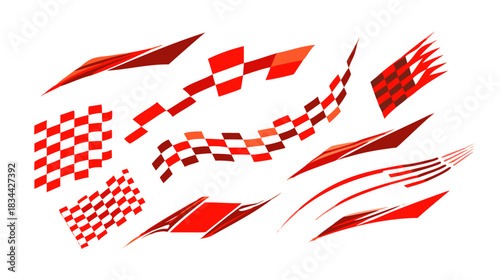 Set of abstract red racing stripes and checkered flag graphics for dynamic vehicle wraps, decals, and sporty design elements