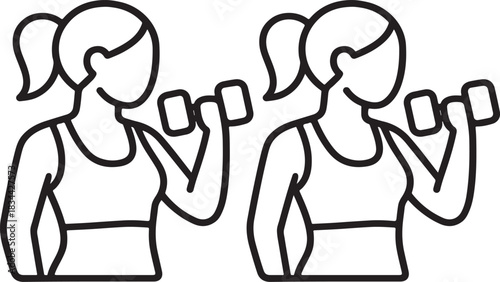 Isolated female fitness dumbbell icon, thin outline workout vector, clean gym pose silhouette, ponytail figure minimal style, strength exercise symbol, modern fitness illustration