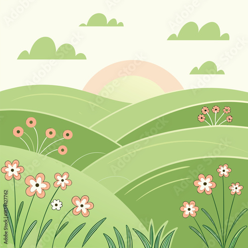 Cartoonish flower field stretches over green hills beneath a soft sunrise and fluffy clouds