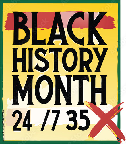 Black History Month appears on a textured, painterly yellow block featuring a red cross design