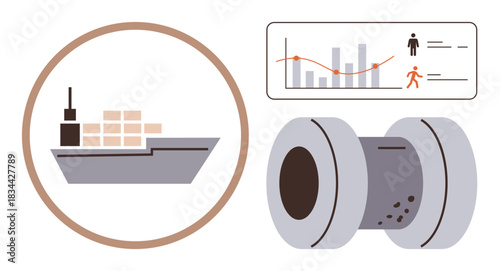 Cargo ship with containers, data chart with trend lines and icons, and industrial coil symbolizing production. Ideal for logistics, shipping, analytics, supply chain, production, industry and trade