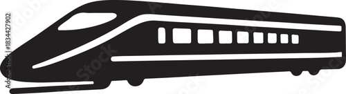 Isolated high speed bullet train icon, sleek fast train vector, aerodynamic extended body silhouette, minimal transport symbol, bold modern rail illustration