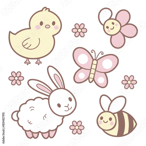 Cute spring animals and flowers happily decorate a transparent background with pastel shades