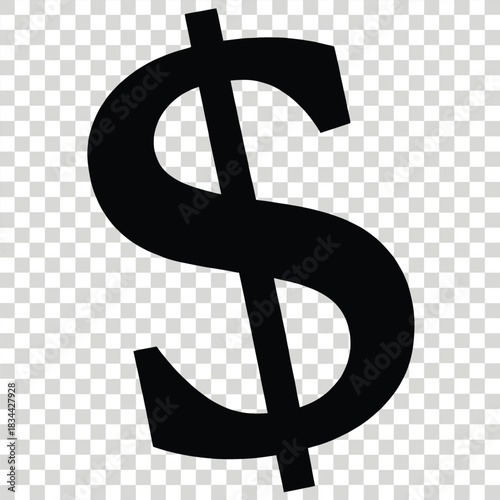 Vector illustration black silhouette of a large dollar sign symbol against a transparent background, representing currency and finance